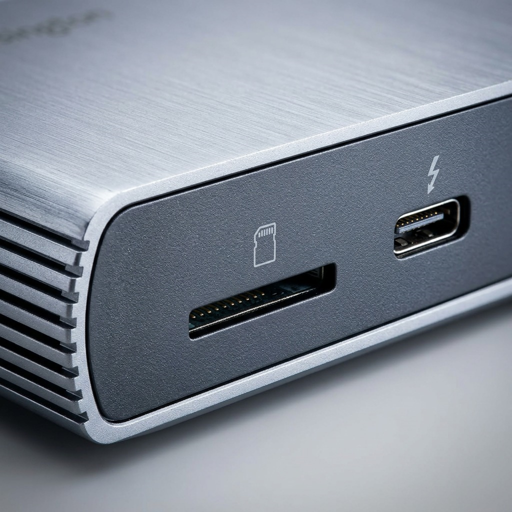 Macro image highlighting SD card and Thunderbolt 4 ports on brushed metal docking station.