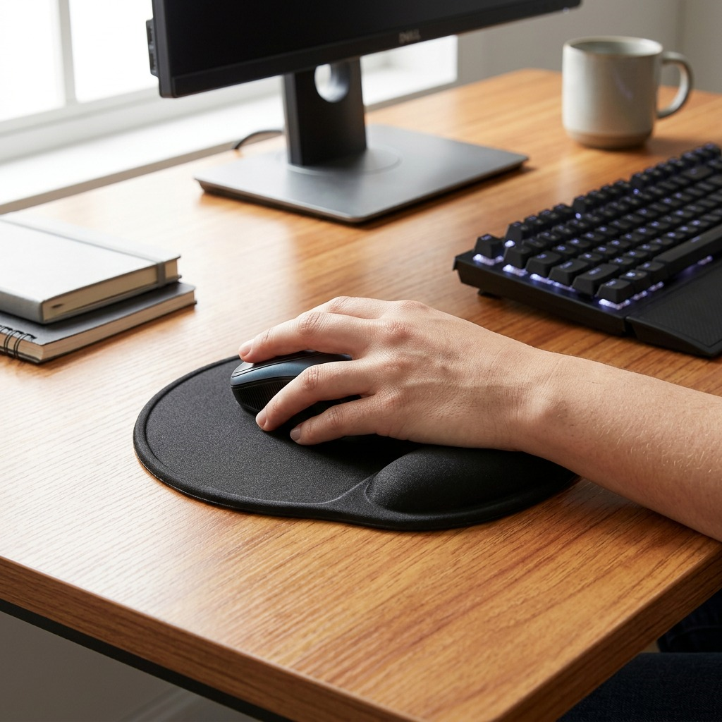 A black Kensington ergonomic mouse pad with an integrated wrist pillow support on a wooden desk.