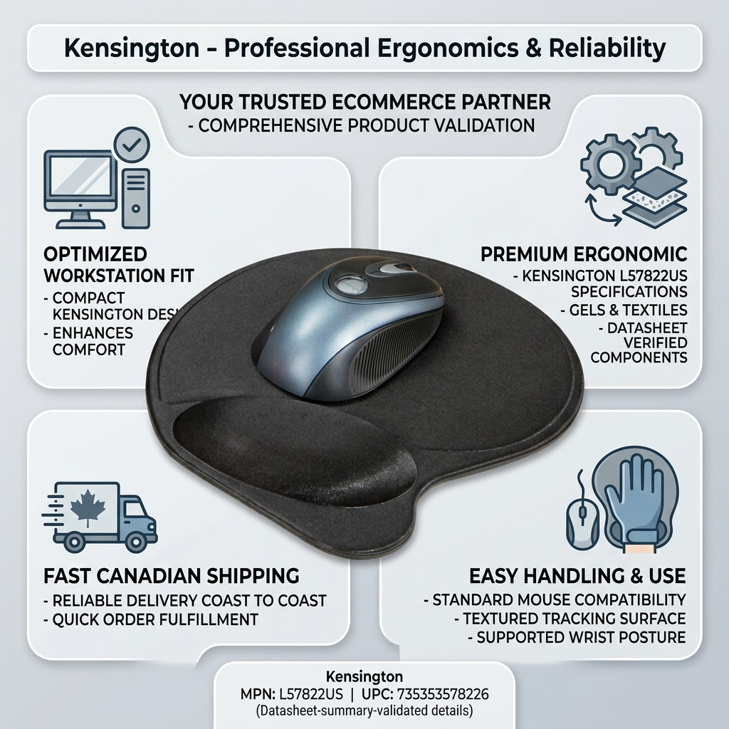 Infographic for Kensington Wrist Pillow showing ergonomic features, fast Canadian shipping, and SKU details.