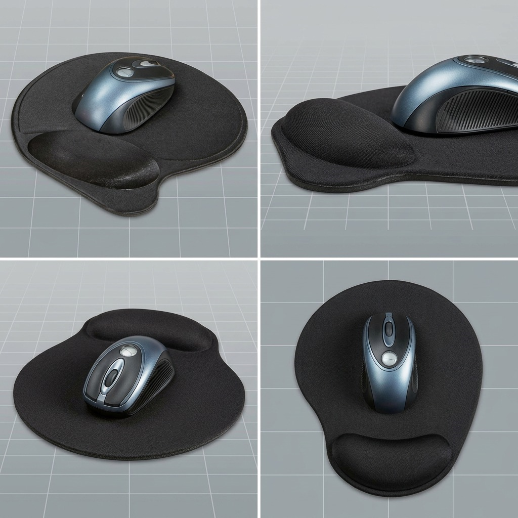 Matrix of four different angles of a black Kensington Wrist Pillow mouse pad with ergonomic support.