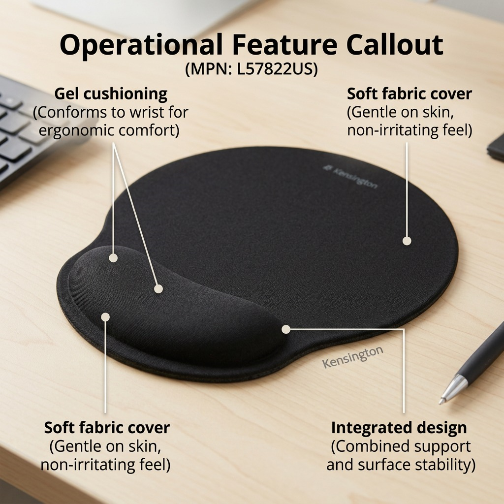 Kensington black mouse pad with integrated gel wrist pillow featuring soft fabric cover labels.