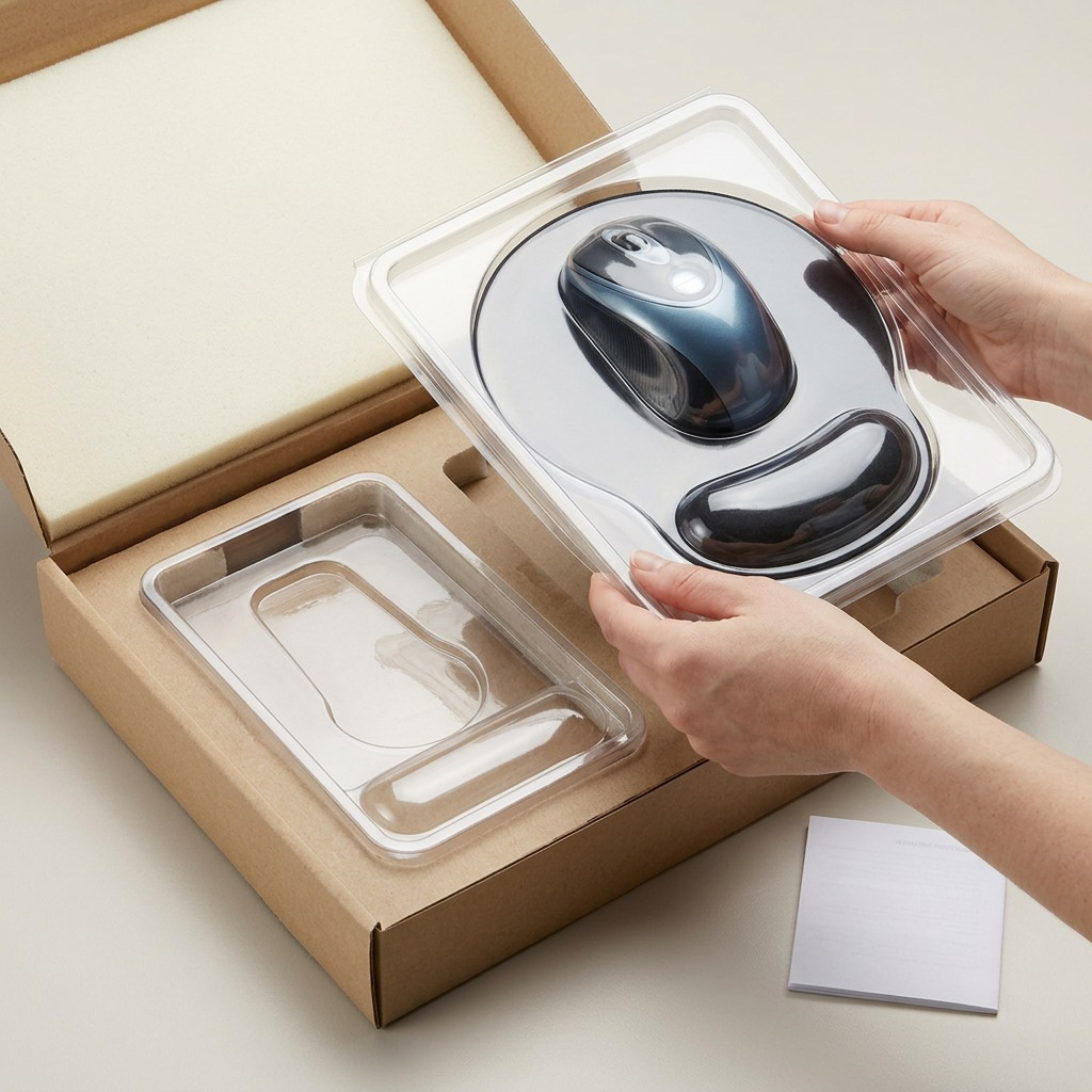 Kensington ergonomic mouse pad and wrist rest being unboxed from protective shipping packaging.