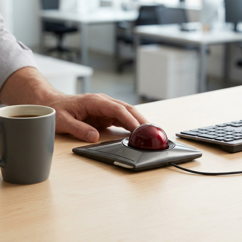 Kensington SlimBlade Trackball Mouse with a large ruby red ball and metallic grey ergonomic base.