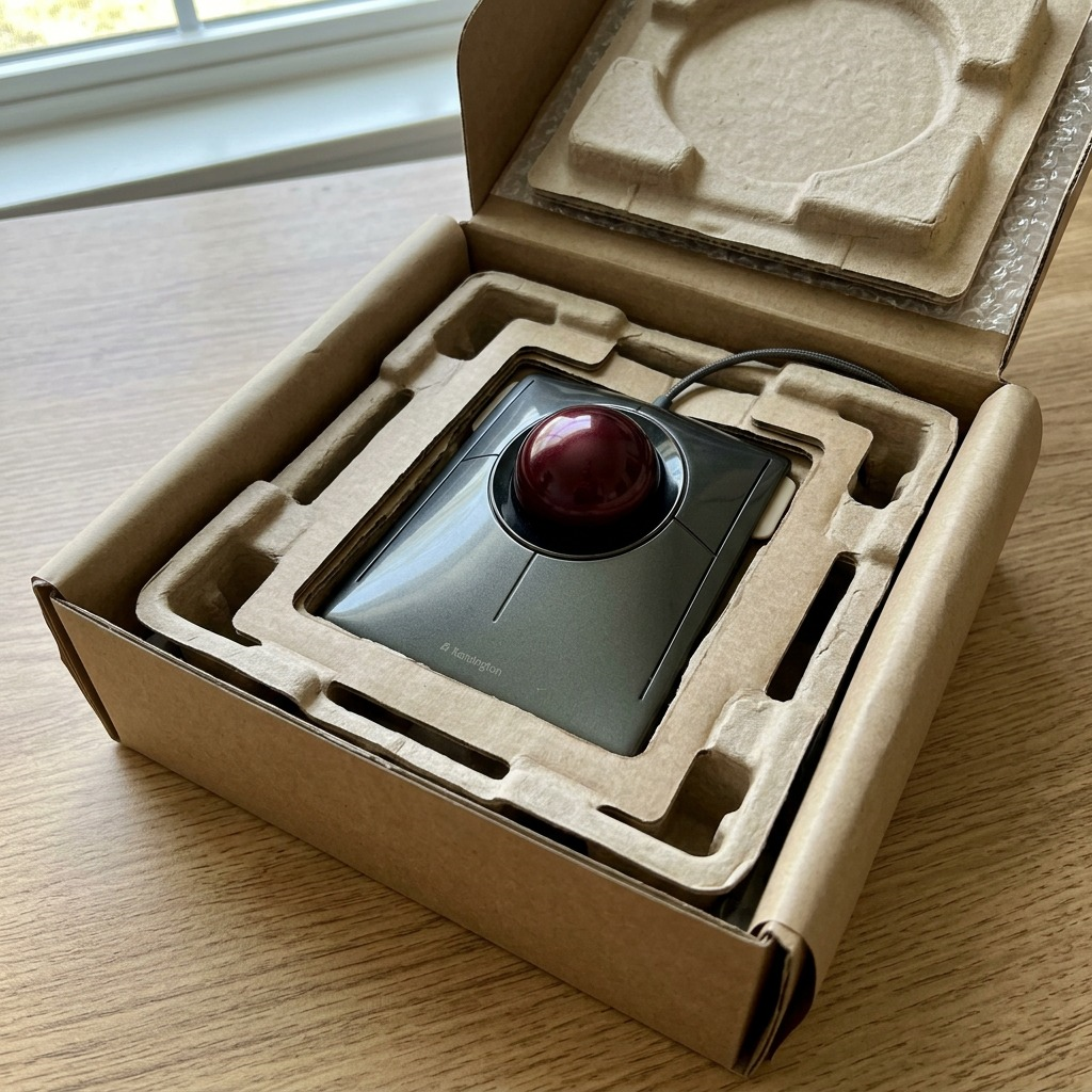 Kensington SlimBlade Trackball mouse securely nestled in protective cardboard shipping packaging.