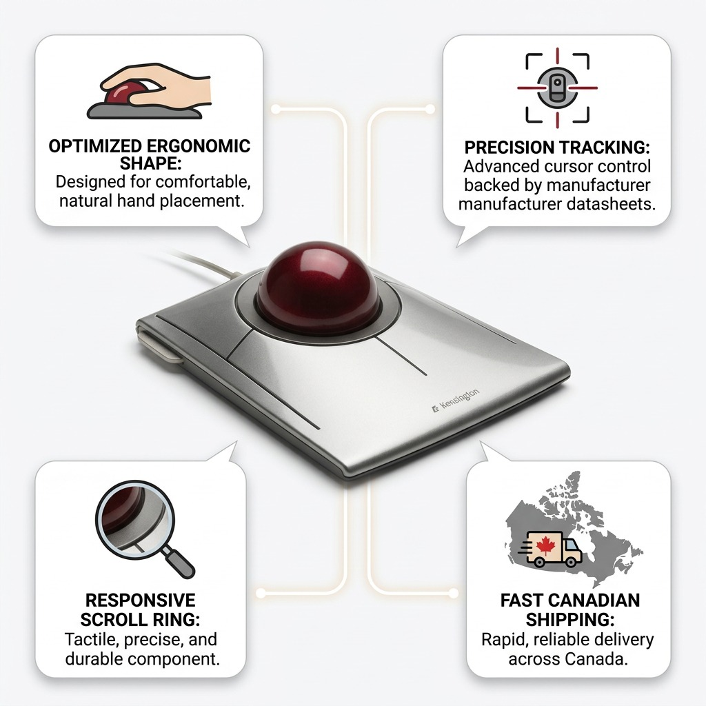 Kensington SlimBlade Trackball infographic highlighting ergonomic shape, precision, and Canadian shipping.