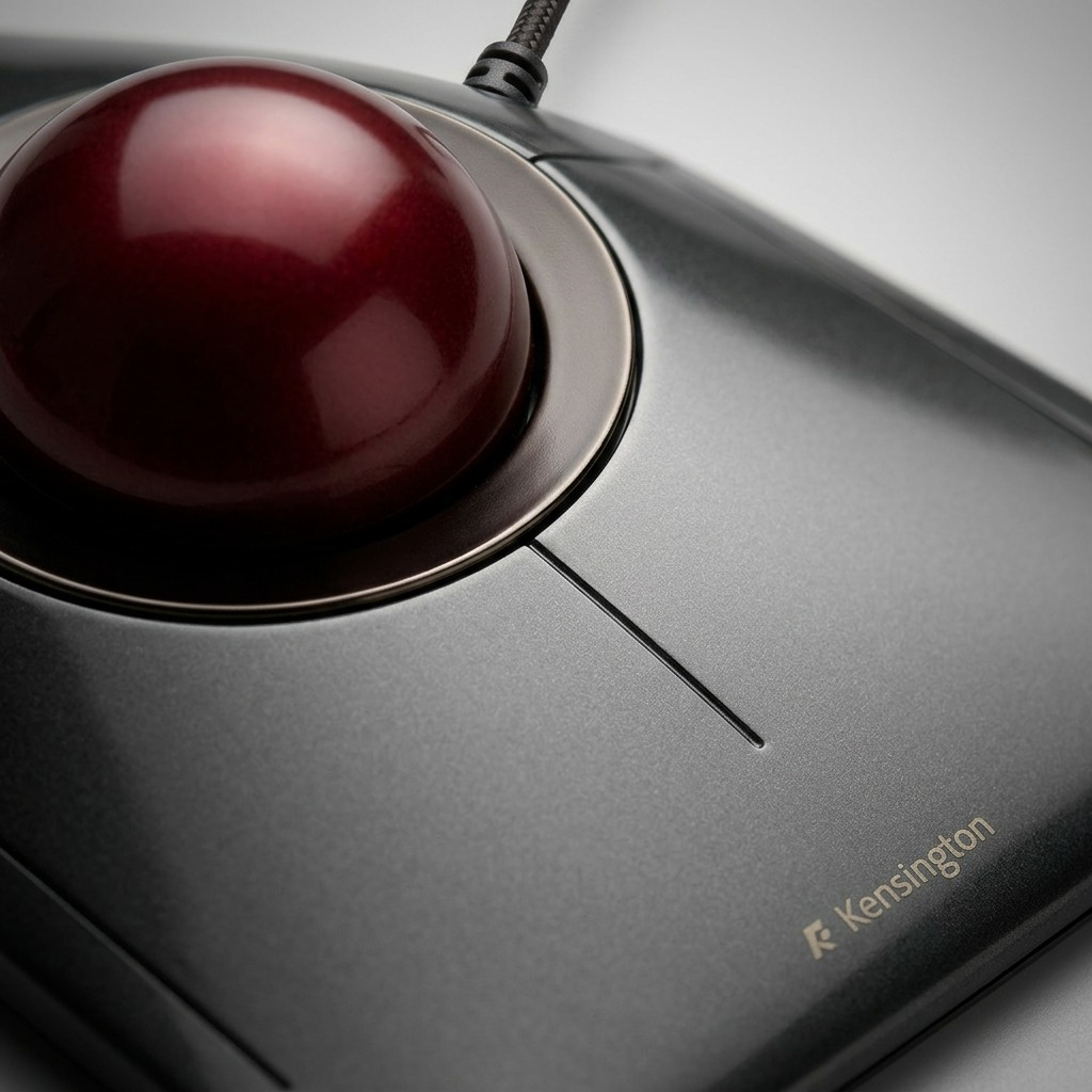 Macro detail of the Kensington SlimBlade Trackball showing the ruby red ball and metallic finish.