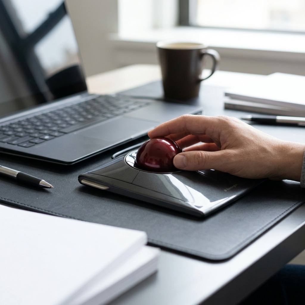 A hand using the Kensington SlimBlade Trackball Mouse on a desk next to a laptop.