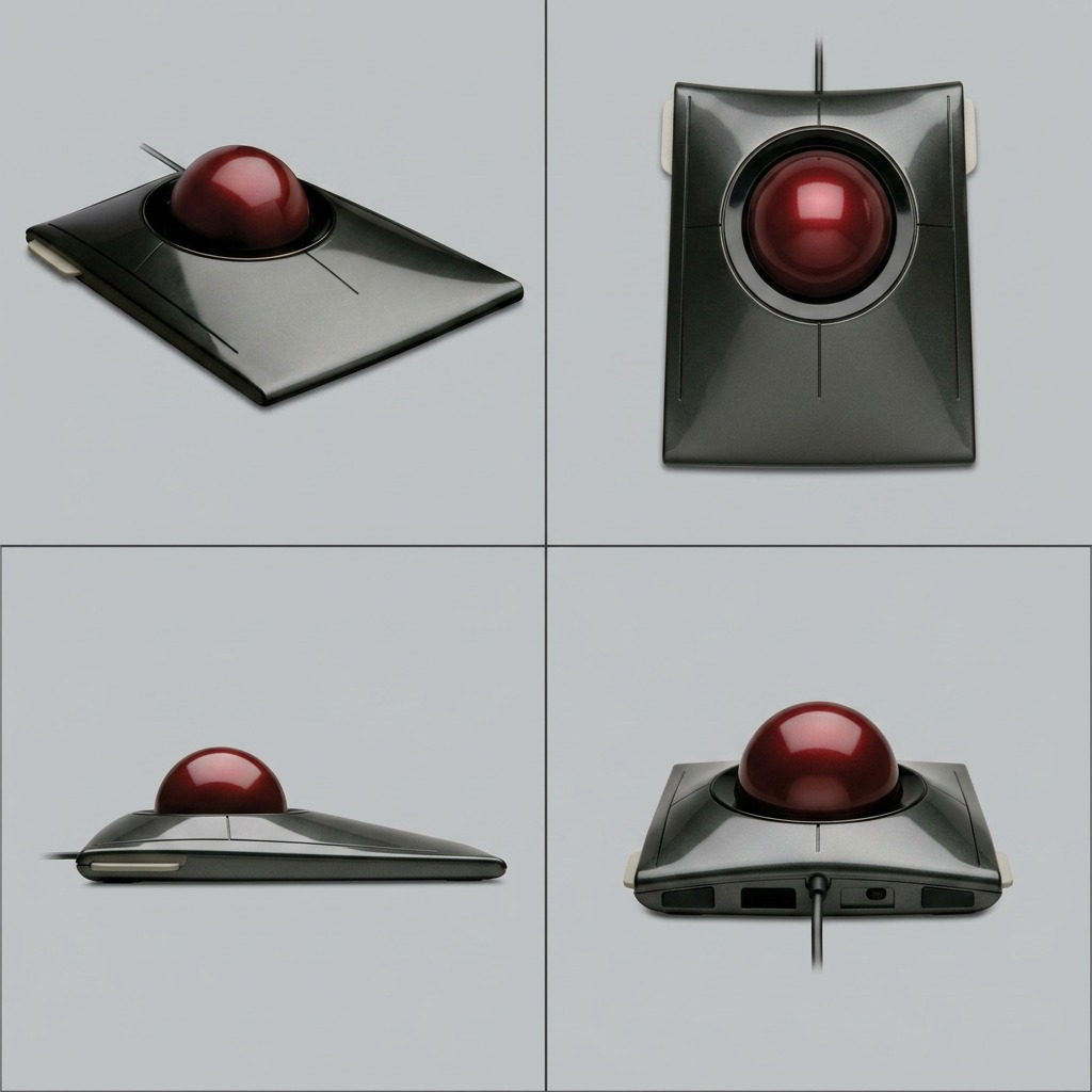 Four-way grid view showing the Kensington SlimBlade Trackball from top, side, and angled profiles.