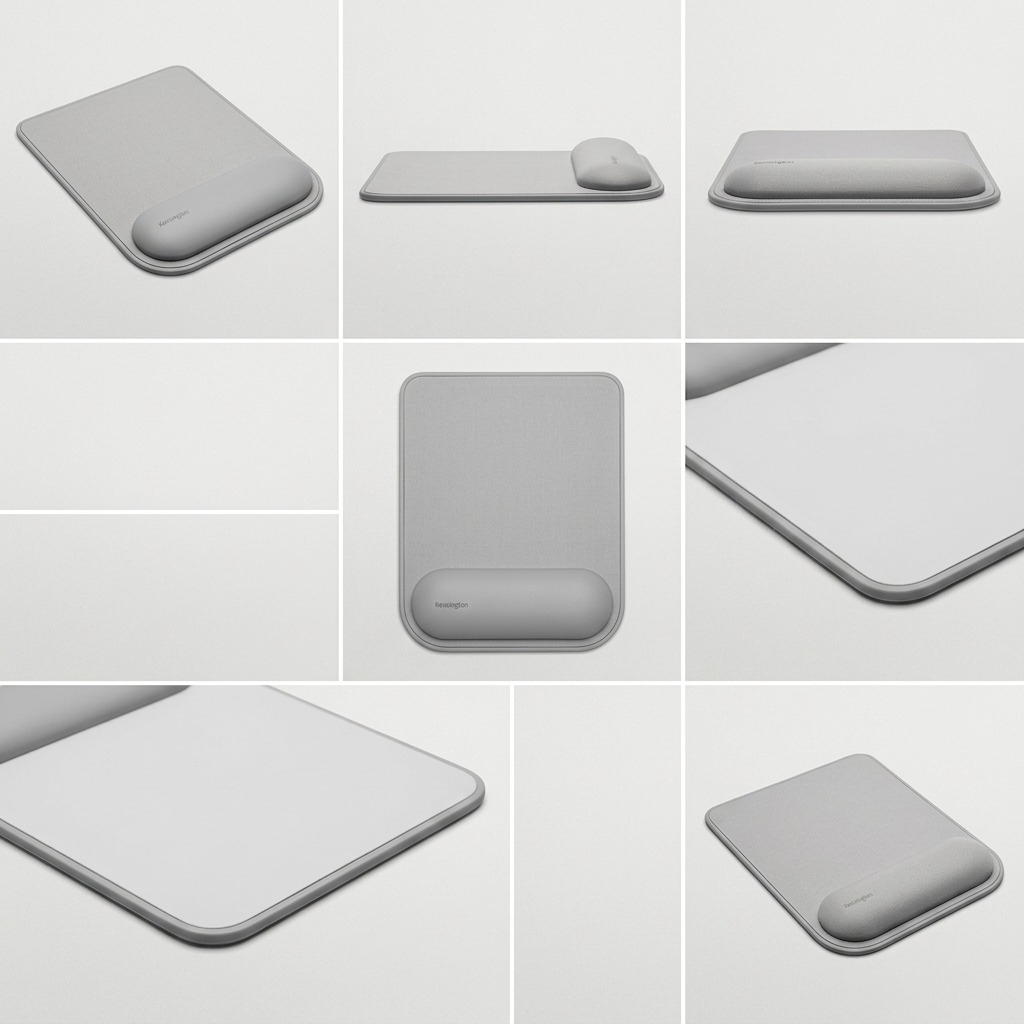 Matrix of Kensington ErgoSoft grey mouse pads showing multiple angles, profiles, and gel wrist rest.