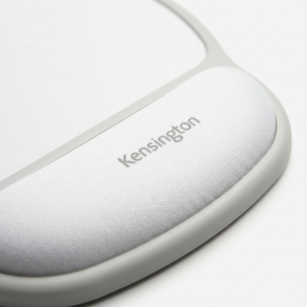 Macro detail of the Kensington ErgoSoft grey wrist rest showing cushioned fabric and gel support.