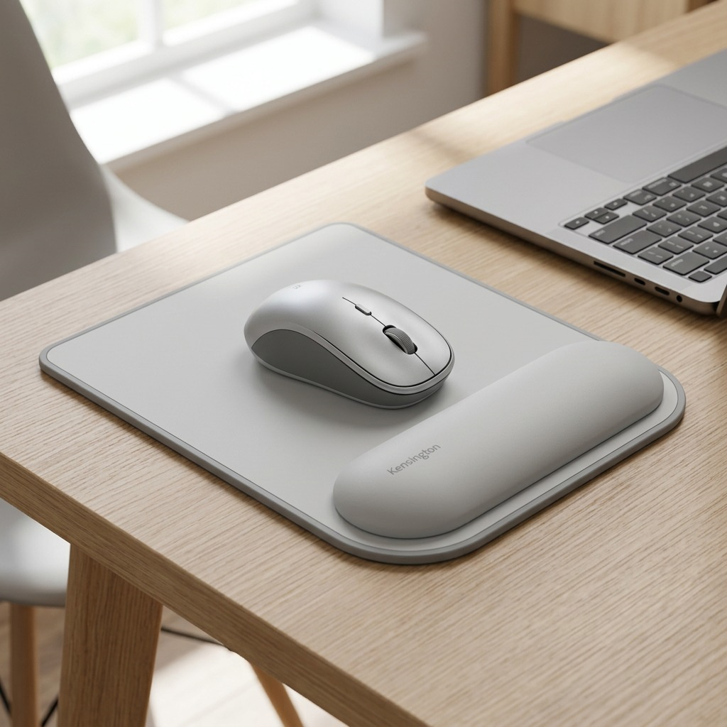 Grey Kensington ErgoSoft wrist rest mouse pad on a wooden desk with a grey mouse and laptop.