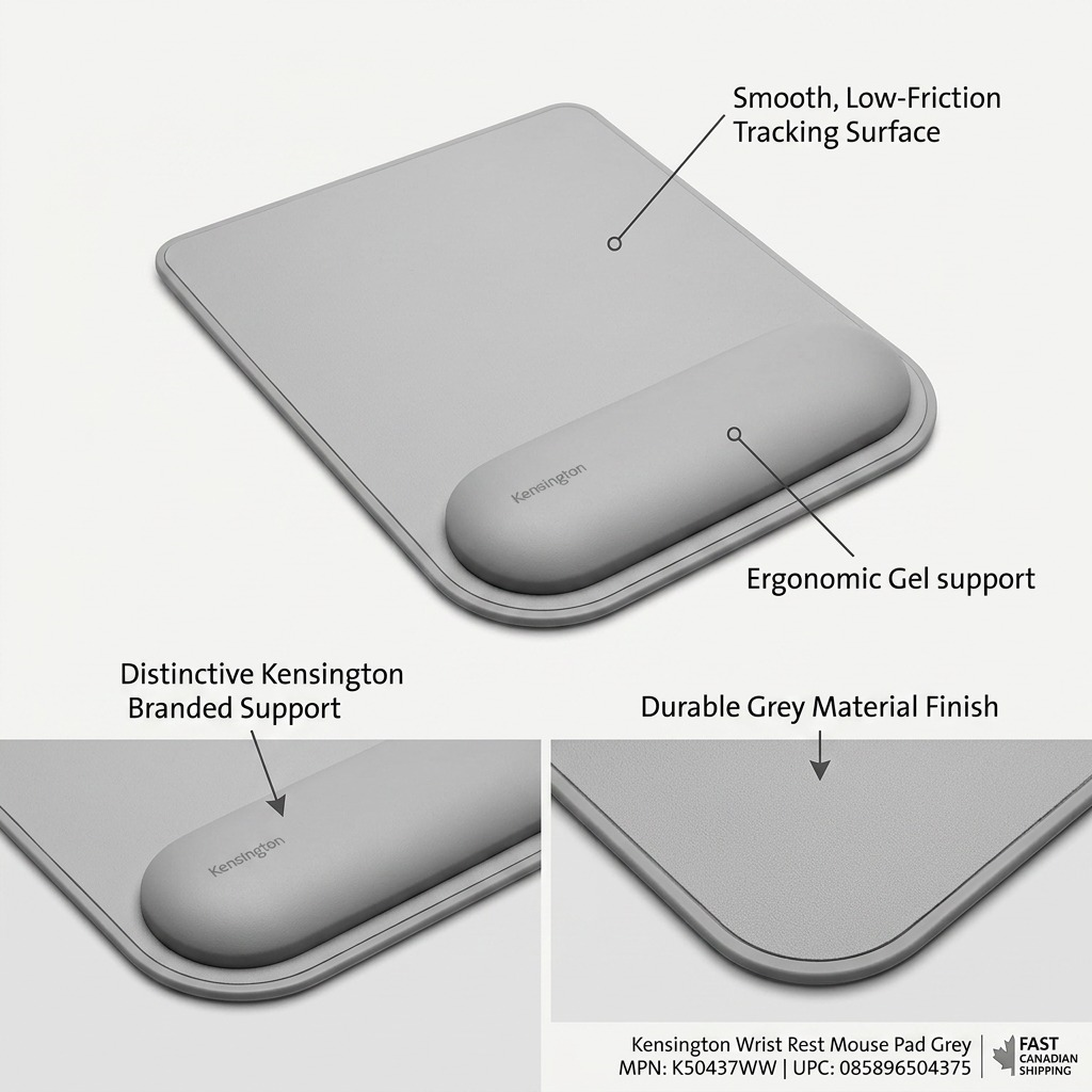 Kensington Gray Mouse Pad with ErgoSoft gel wrist rest showing tracking surface and branded support.