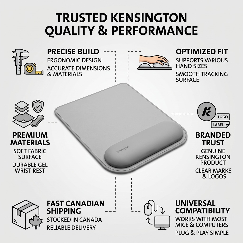 Infographic for Kensington ErgoSoft Mouse Pad highlighting ergonomic design, gel wrist rest, and fast Canadian shipping.