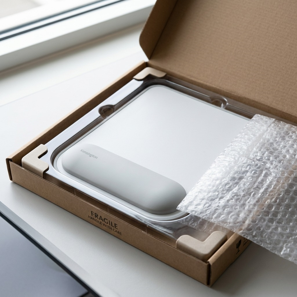 Kensington ErgoSoft Mouse Pad in protective shipping box with bubble wrap and corner guards.