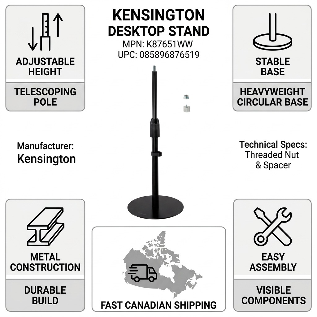 A neutral e-commerce graphic featuring the Kensington Desktop Stand (K87651WW) with factual product cues.