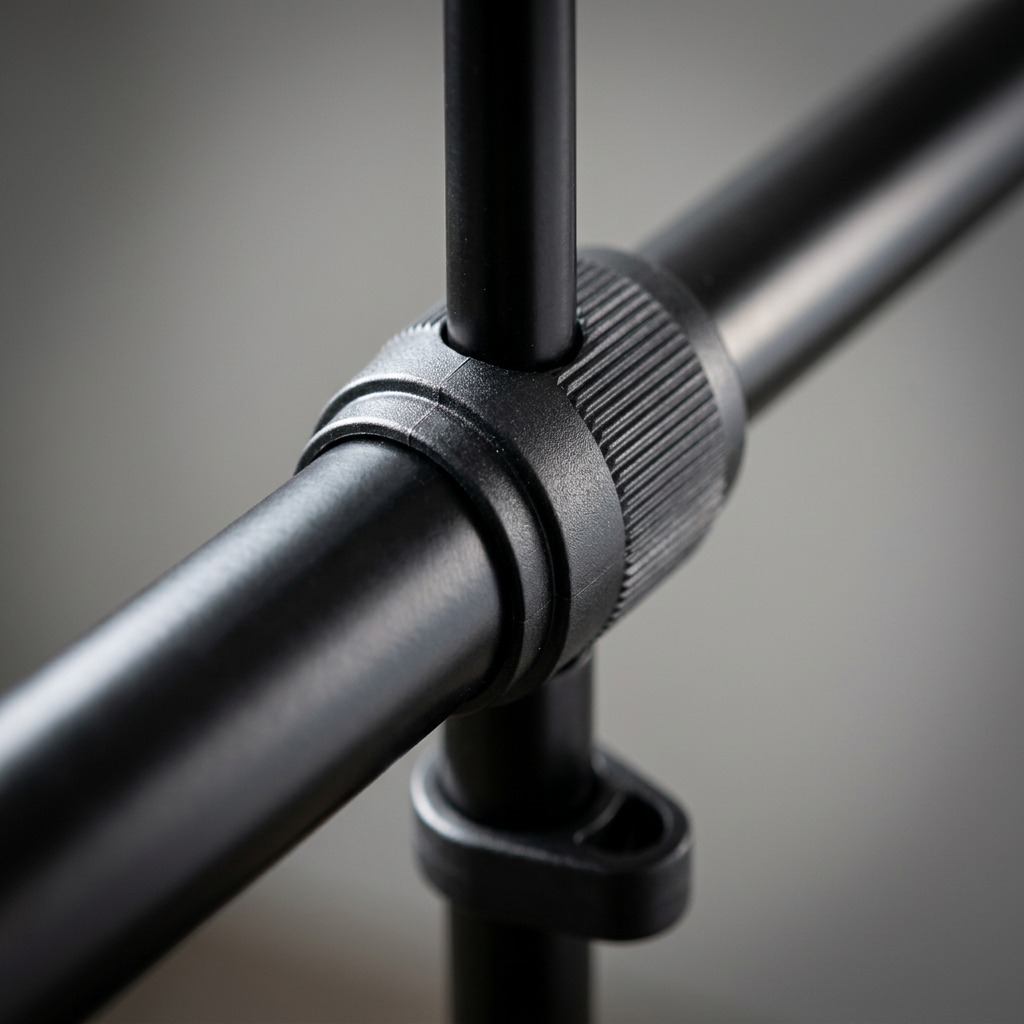 Macro photo detailing the textured plastic locking collar and metal tube interface on the Kensington desk stand.