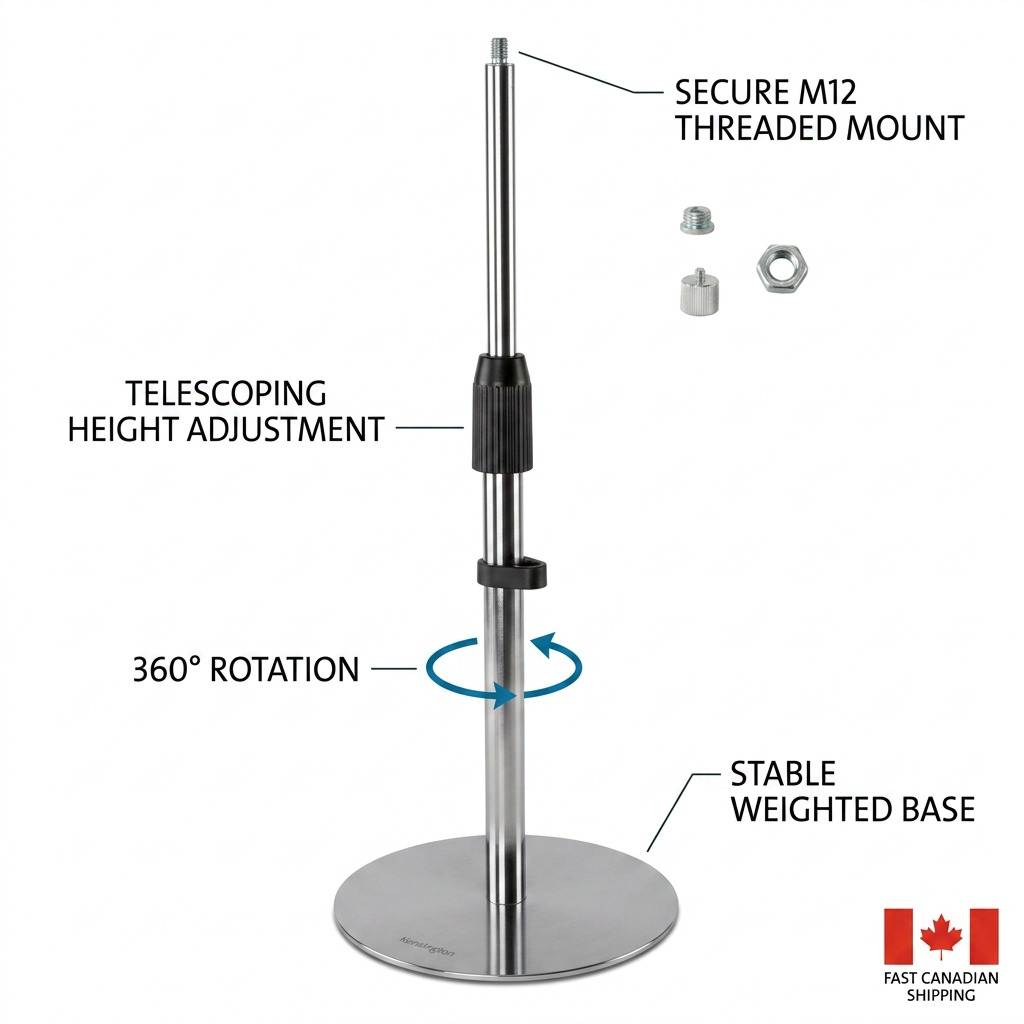 Feature callout infographic for Kensington K87651WW stand, highlighting telescoping, rotation, base.