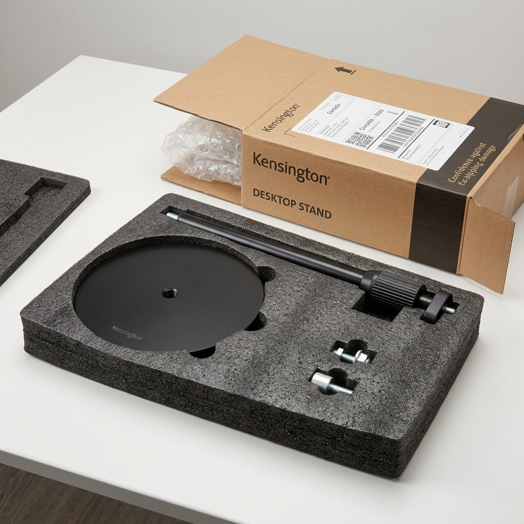 An unboxing scene shows a protective shipping box with the Kensington desktop stand components securely padded.