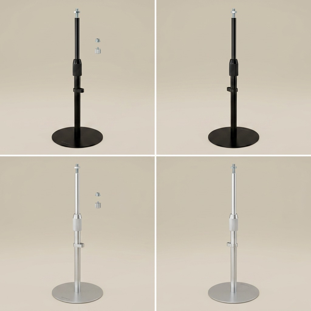 A 2x2 grid product matrix for kensington desktop stands. upper row displays the telescoping black model seen from front and back. second row replicates this for an alternative silver model, maintaining identical structure and proportions. all units are on matching round bases with central vertical posts. realistic studio lighting and neutral background.