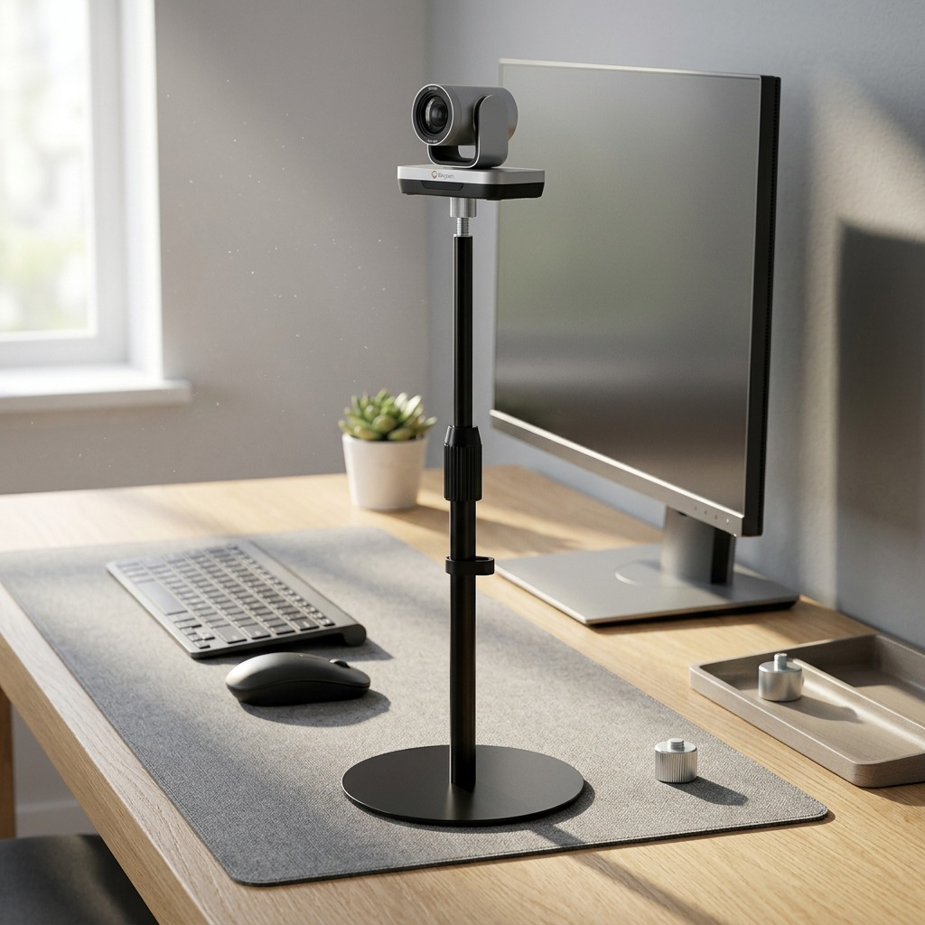 Kensington K87651WW telescoping desktop stand in use with a webcam in a modern home office setting.