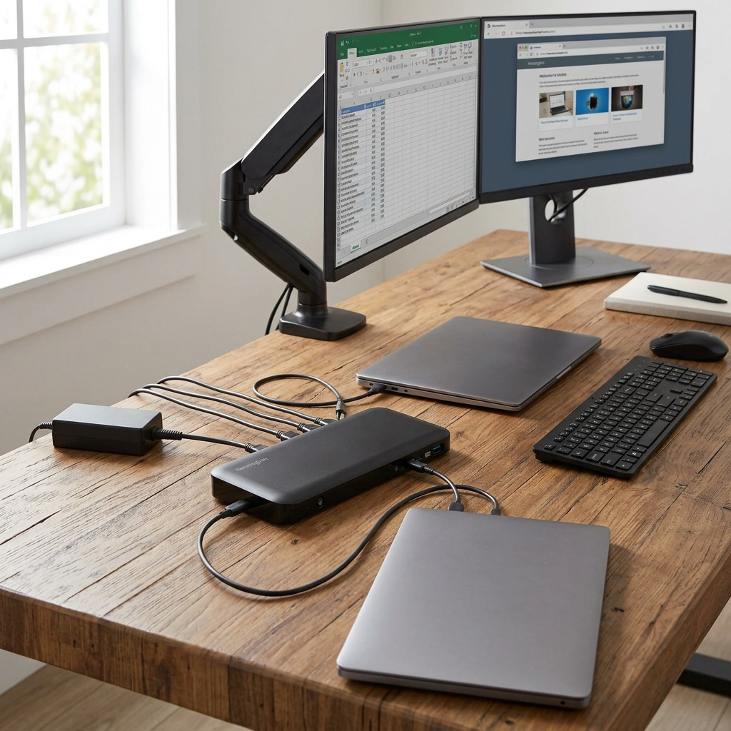 Photograph of the black Kensington triple video docking station on a wooden desk alongside a laptop and dual monitors, with cables connected in a realistic workstation setup.