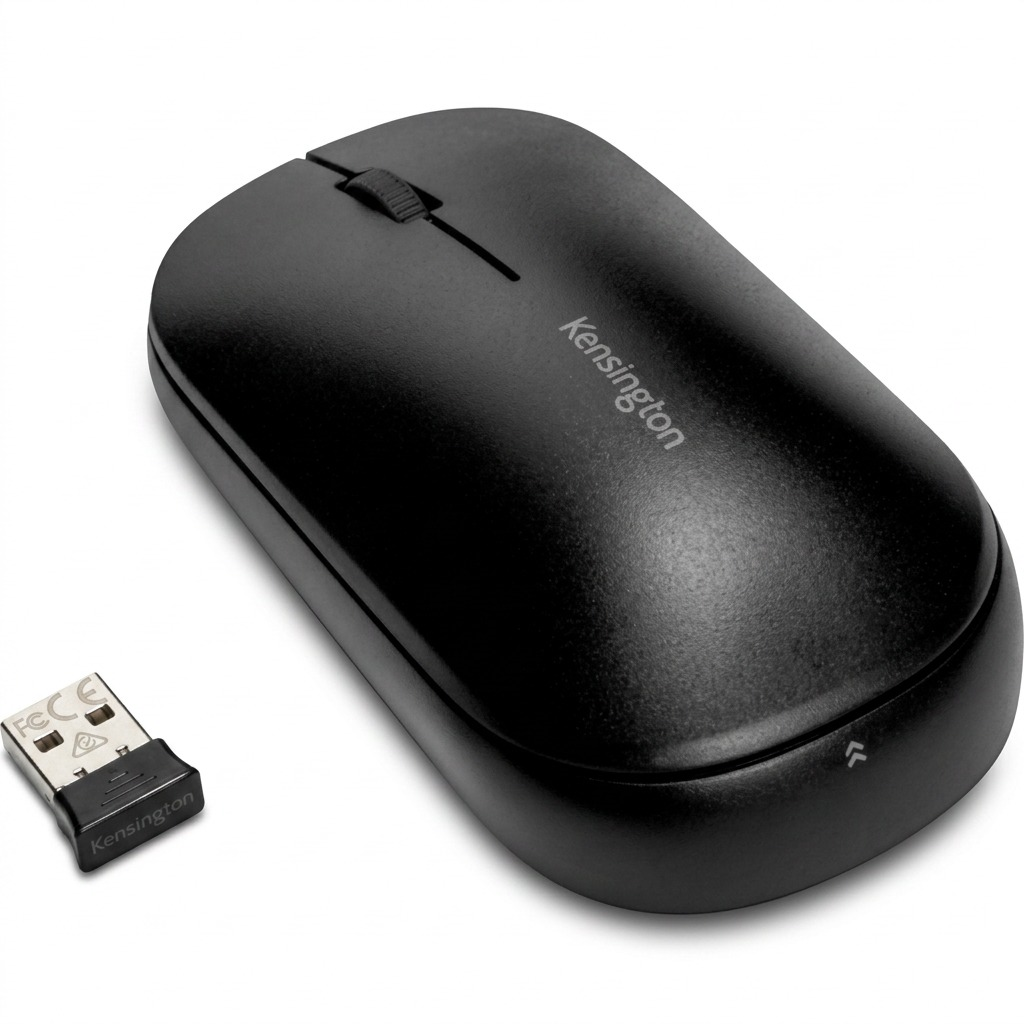 Kensington SureTrack Dual Wireless Mouse in black with USB receiver, featuring an ambidextrous design.