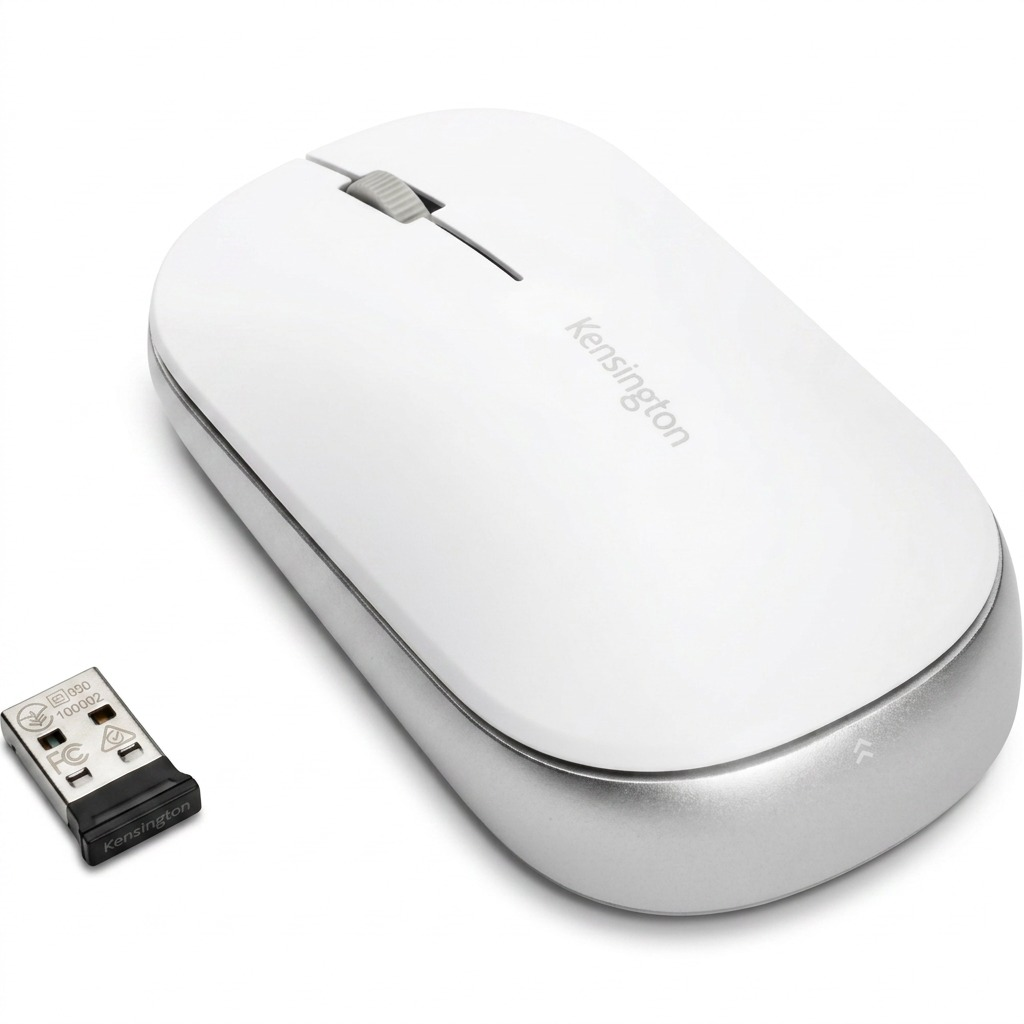 Kensington SureTrack Dual Wireless Mouse in white and silver with USB receiver on a white background.