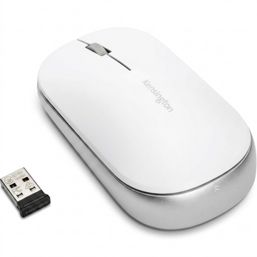 Kensington SureTrack Dual Wireless Mouse in white and silver with USB receiver on a white background.