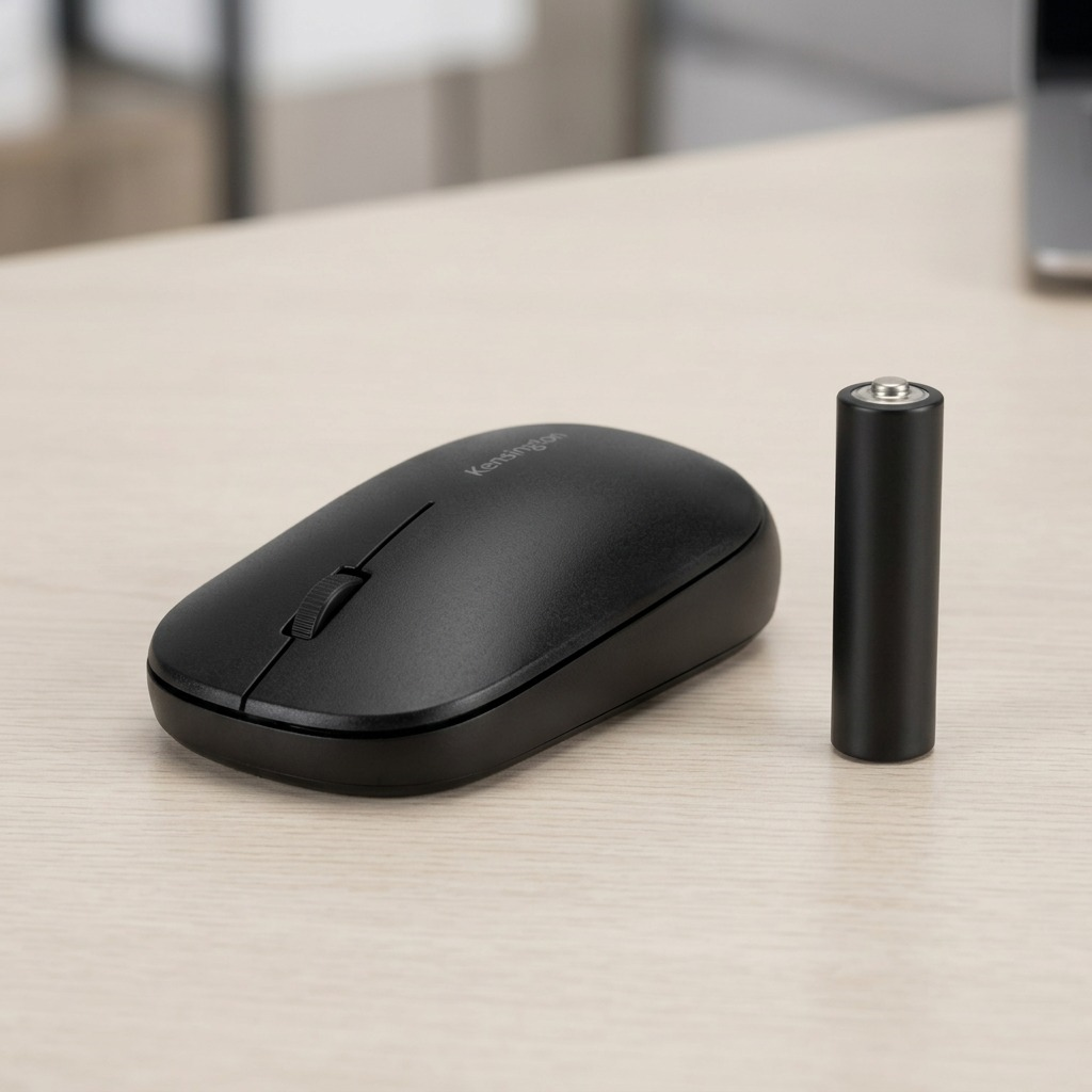Kensington SureTrack Dual Wireless Mouse in black with USB receiver, featuring an ambidextrous design.