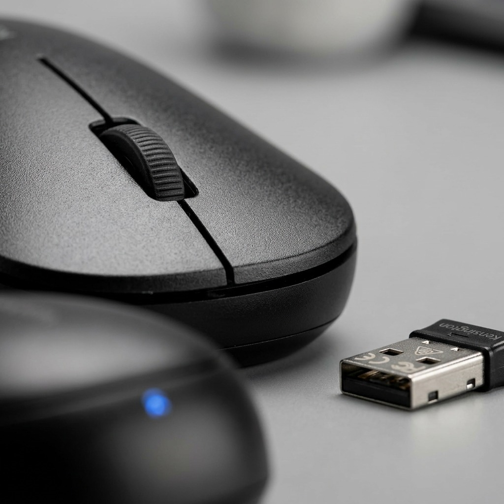 Macro view of Kensington SureTrack Dual Wireless Mouse with tactile scroll wheel and USB receiver.
