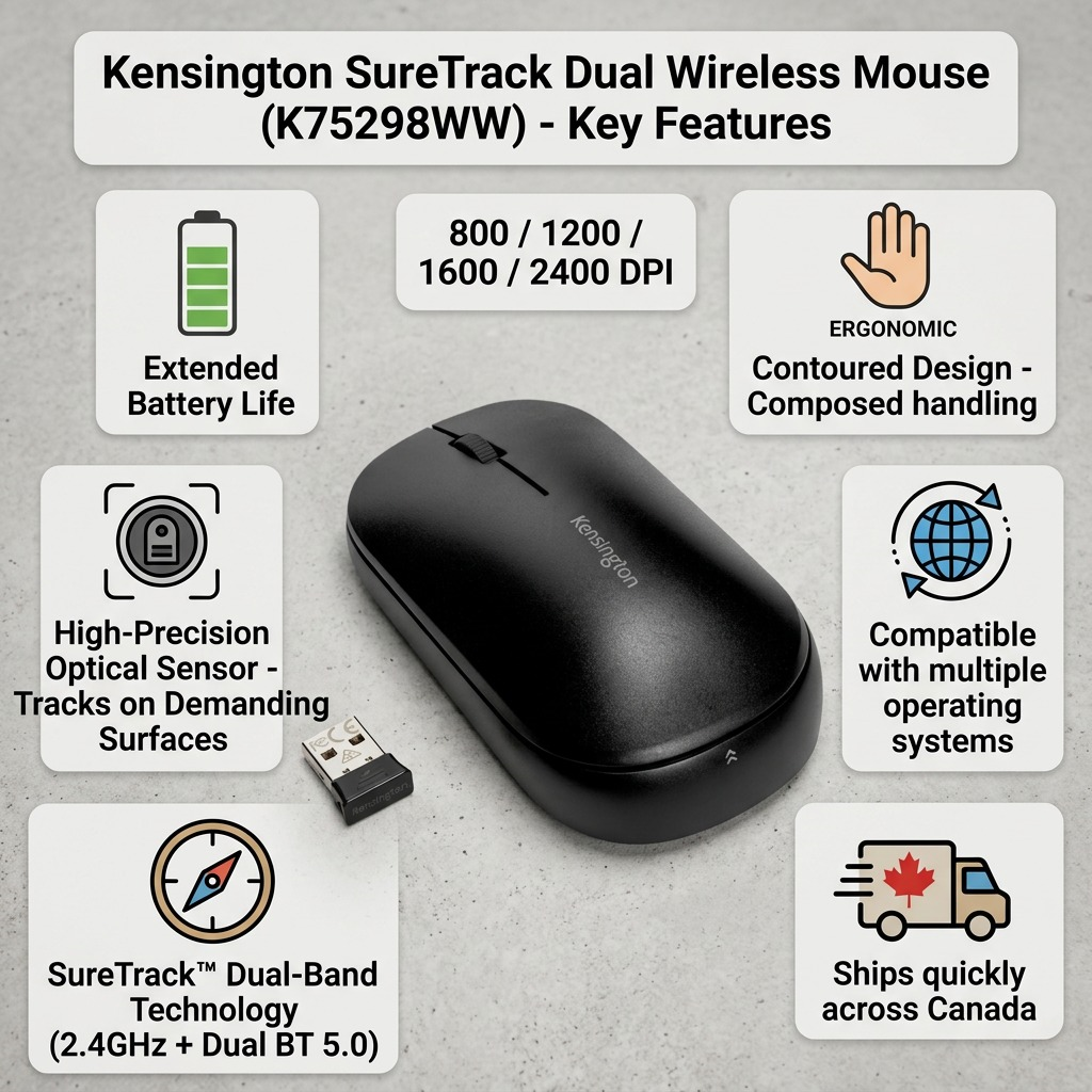 Infographic for Kensington SureTrack Dual Wireless Mouse K75298WW highlighting key specs and fast Canadian shipping.