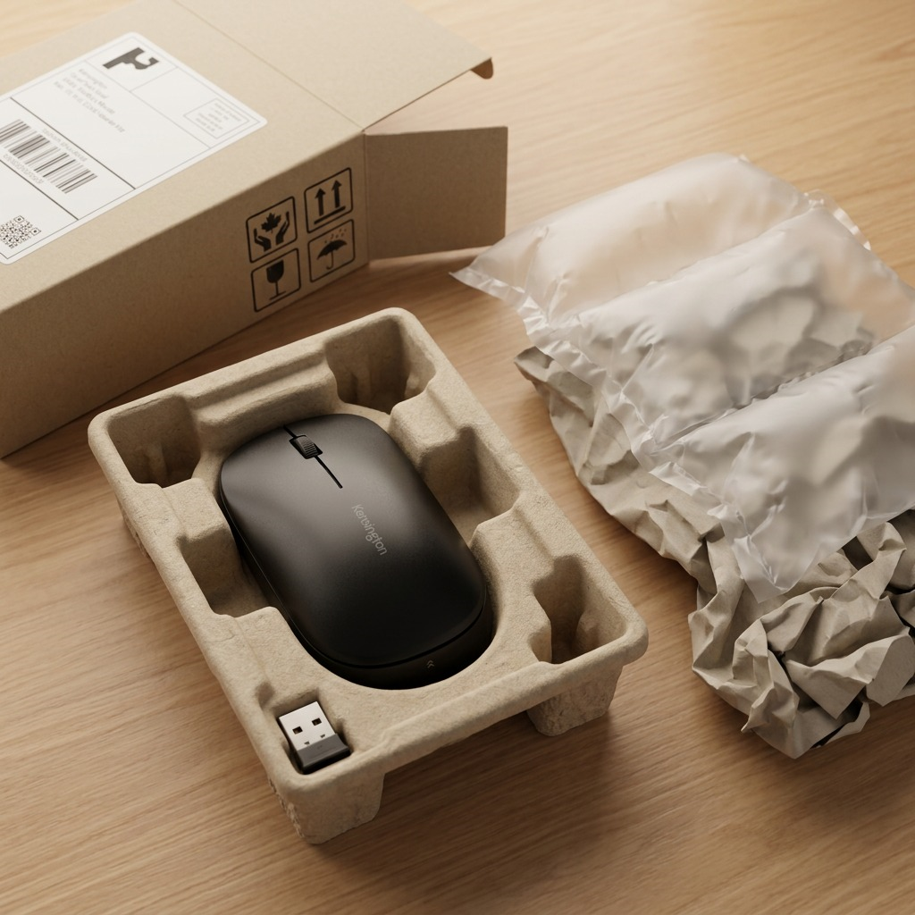 Kensington SureTrack Dual Wireless Mouse in secure cardboard unboxing packaging with air pillows.