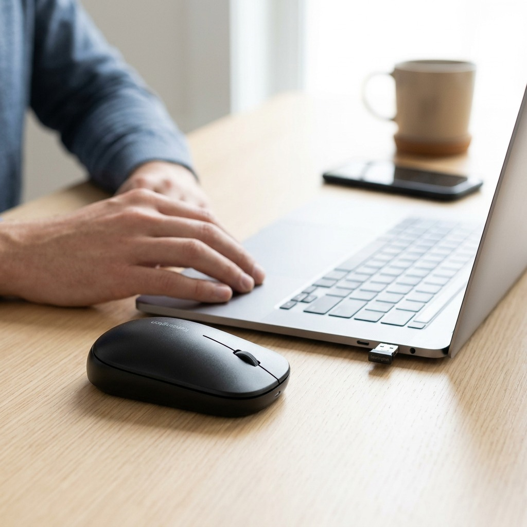 Black Kensington SureTrack Dual Wireless Mouse on a wooden desk next to a laptop and person working.