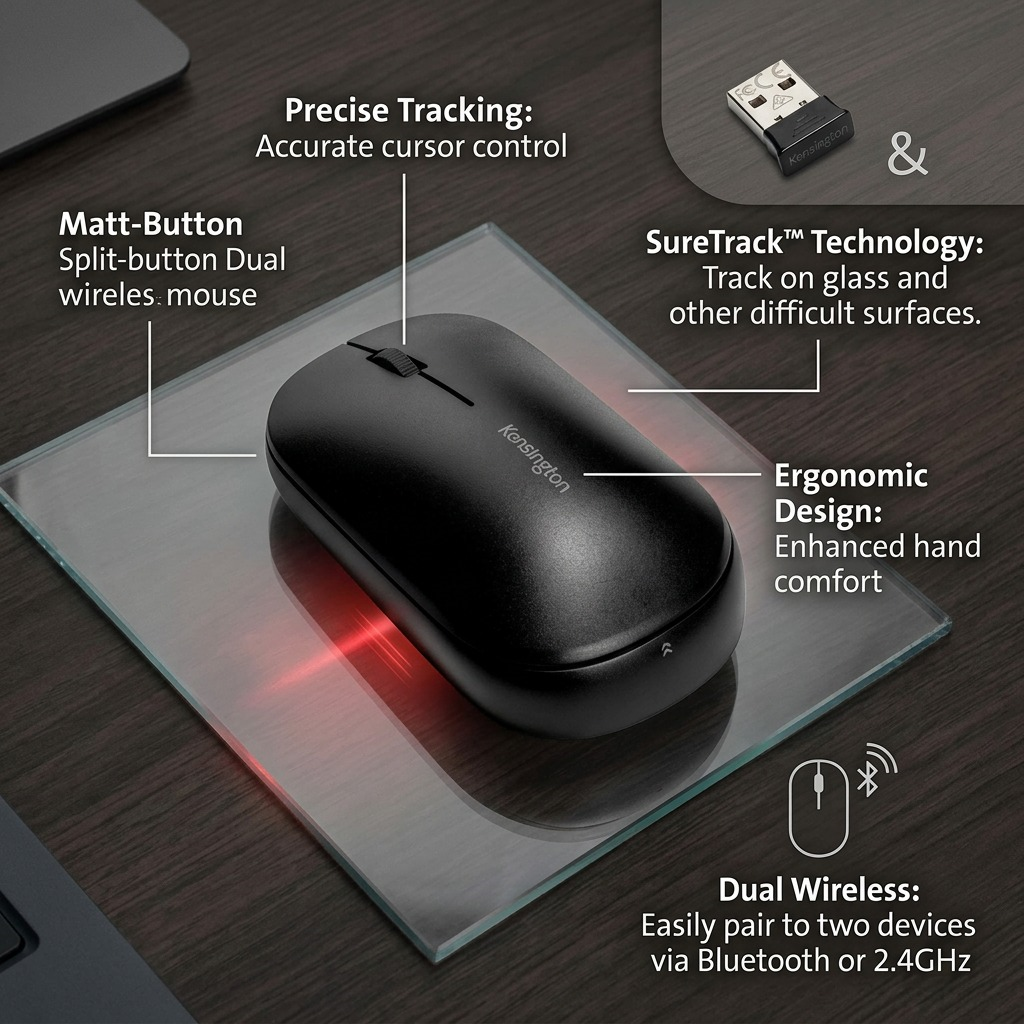 Black Kensington SureTrack mouse on a glass surface with labels highlighting key wireless features.