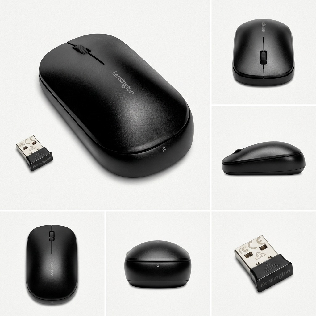 A grid showcasing the black Kensington SureTrack Dual Wireless Mouse from multiple views with USB receiver.