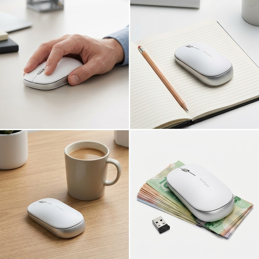 Scale views of the white Kensington SureTrack Dual Wireless Mouse next to a hand, notebook, and mug.