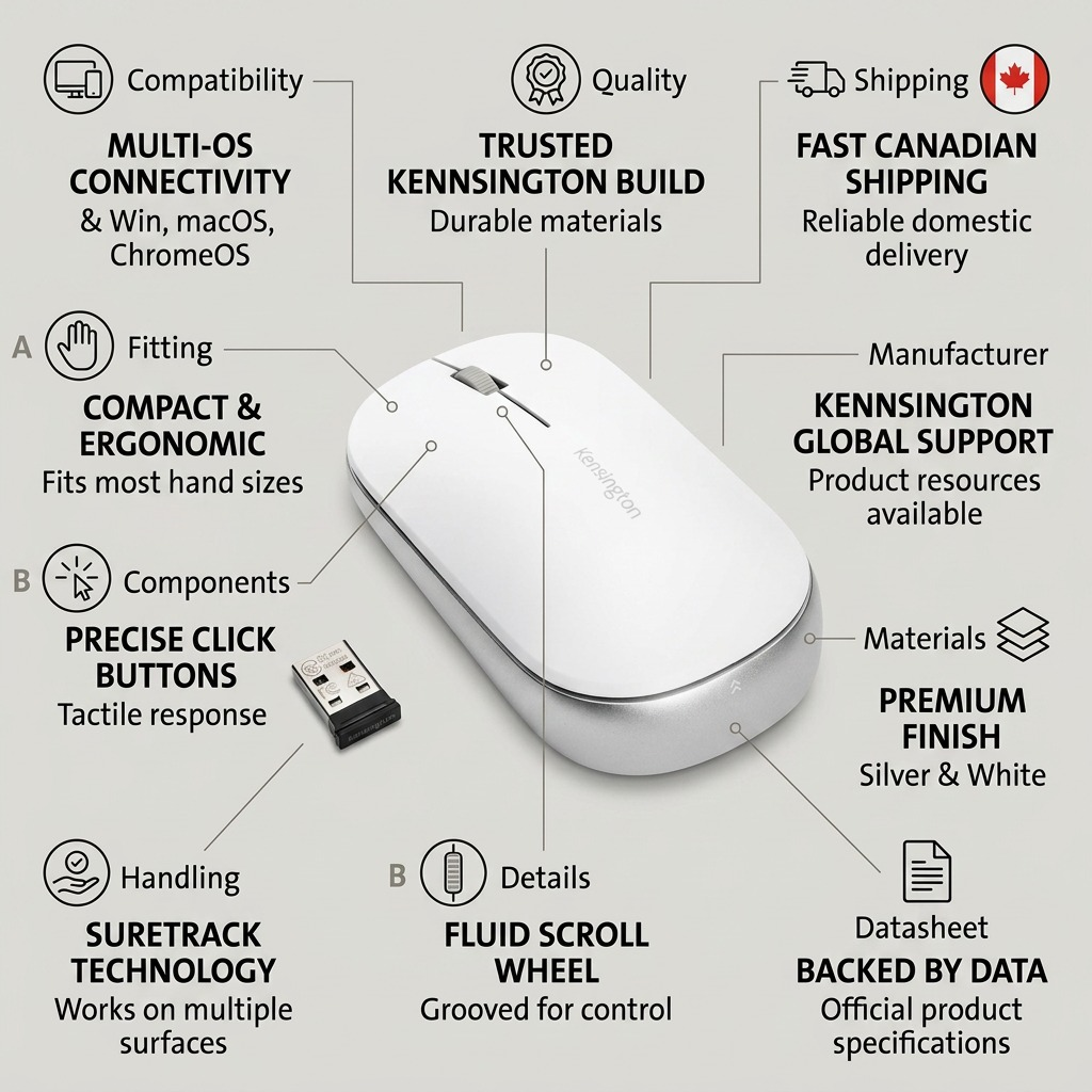 Kensington SureTrack Mouse infographic highlighting OS compatibility, ergonomic design, and fast Canadian shipping.