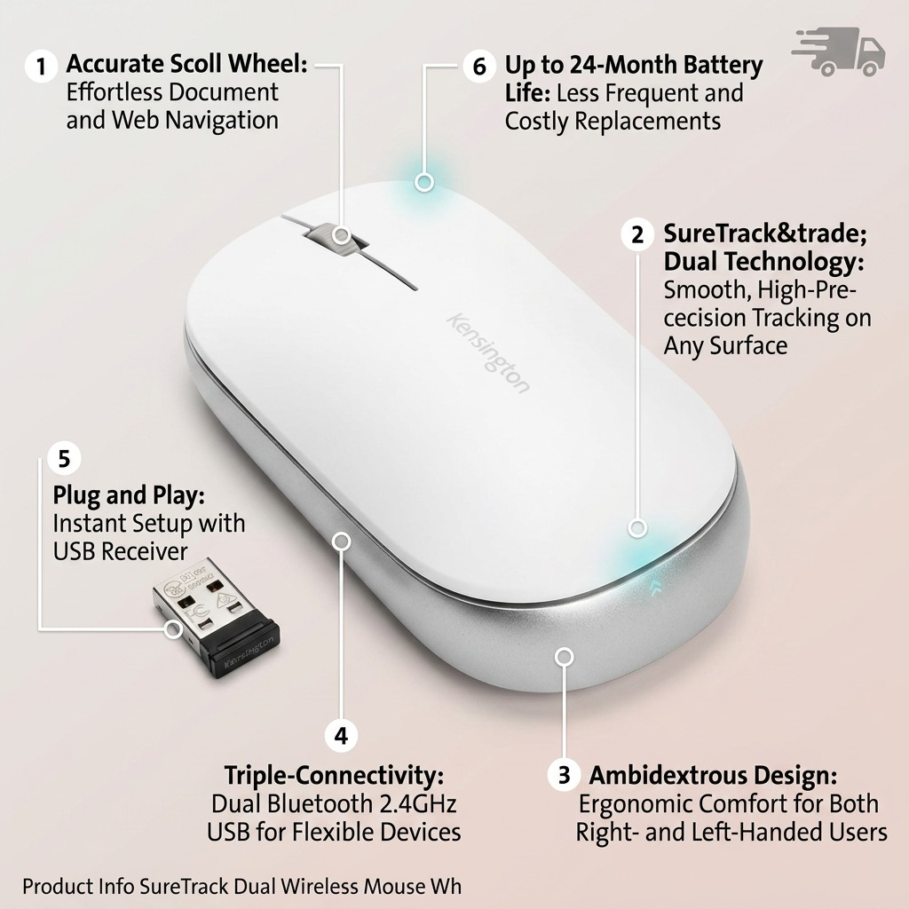 White Kensington SureTrack Dual Wireless Mouse featuring callouts for battery life and connectivity.