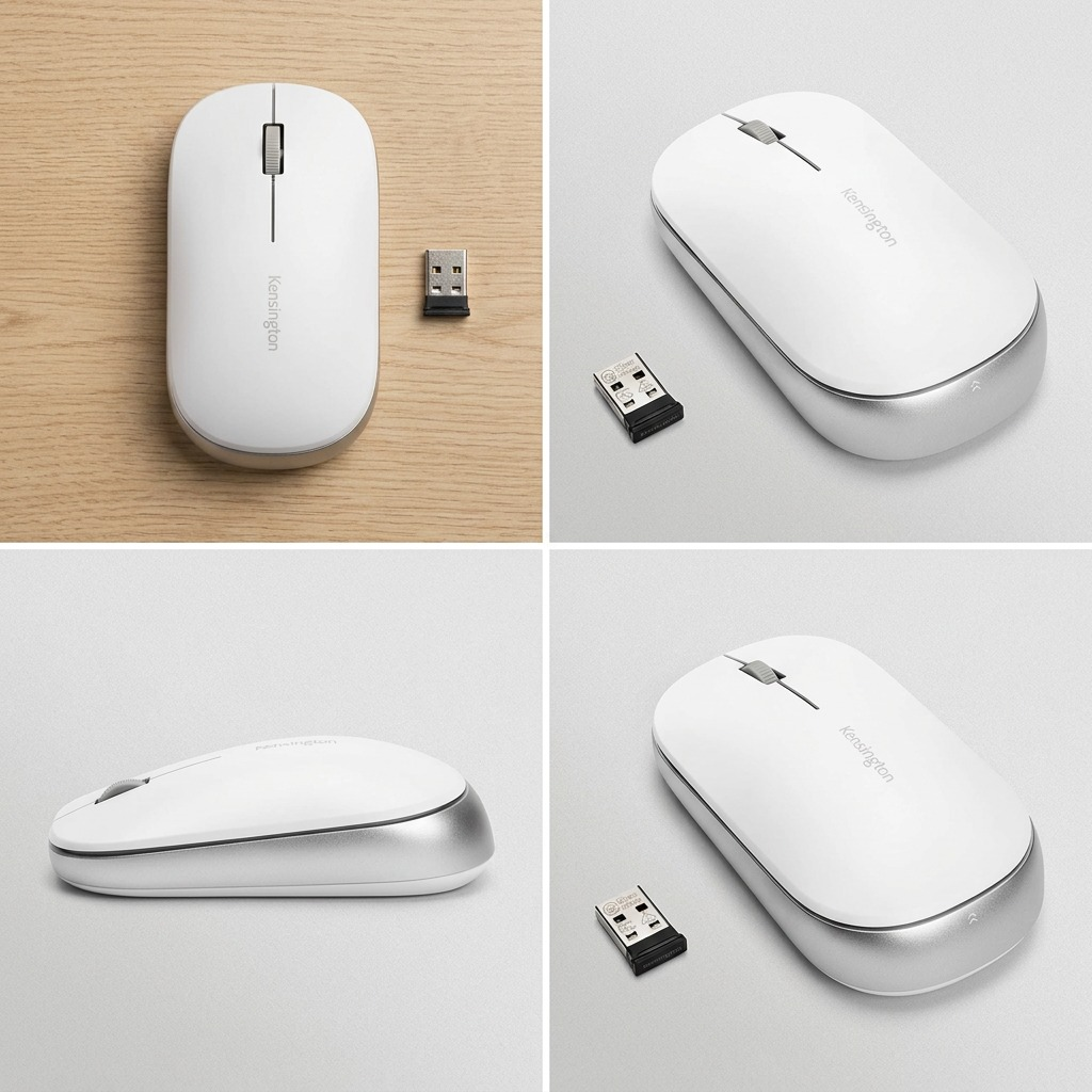 Grid showing the white Kensington SureTrack Dual Wireless Mouse from top, side, and angled views.