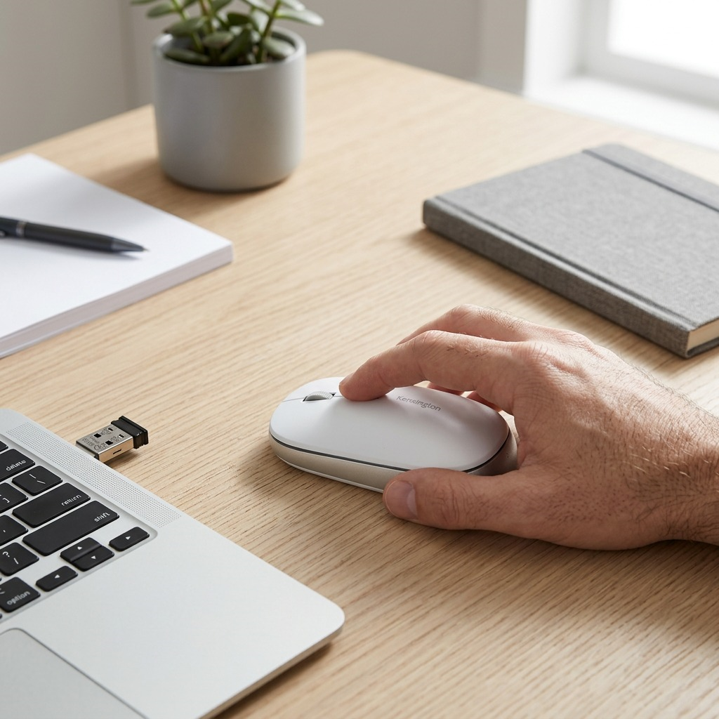 A hand using the white Kensington SureTrack Dual Wireless Mouse on a wooden desk next to a laptop.