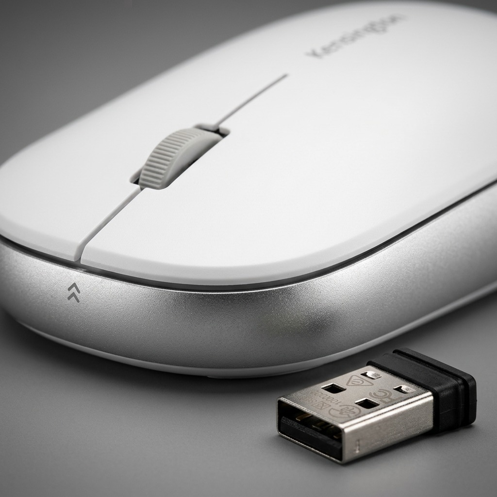 Macro detail of white Kensington SureTrack mouse scroll wheel and silver body beside USB receiver.