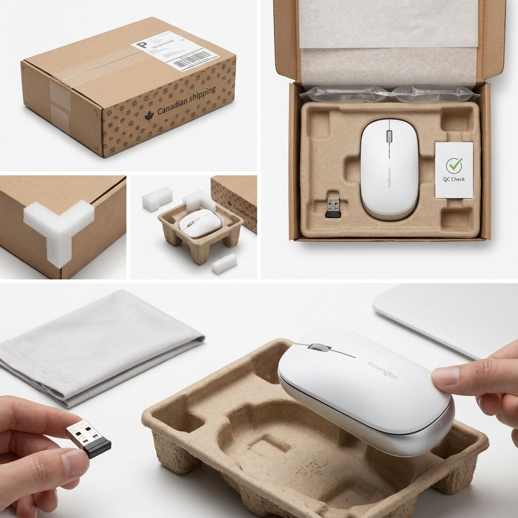A Kensington SureTrack White Wireless Mouse being unboxed from secure Canadian shipping packaging.