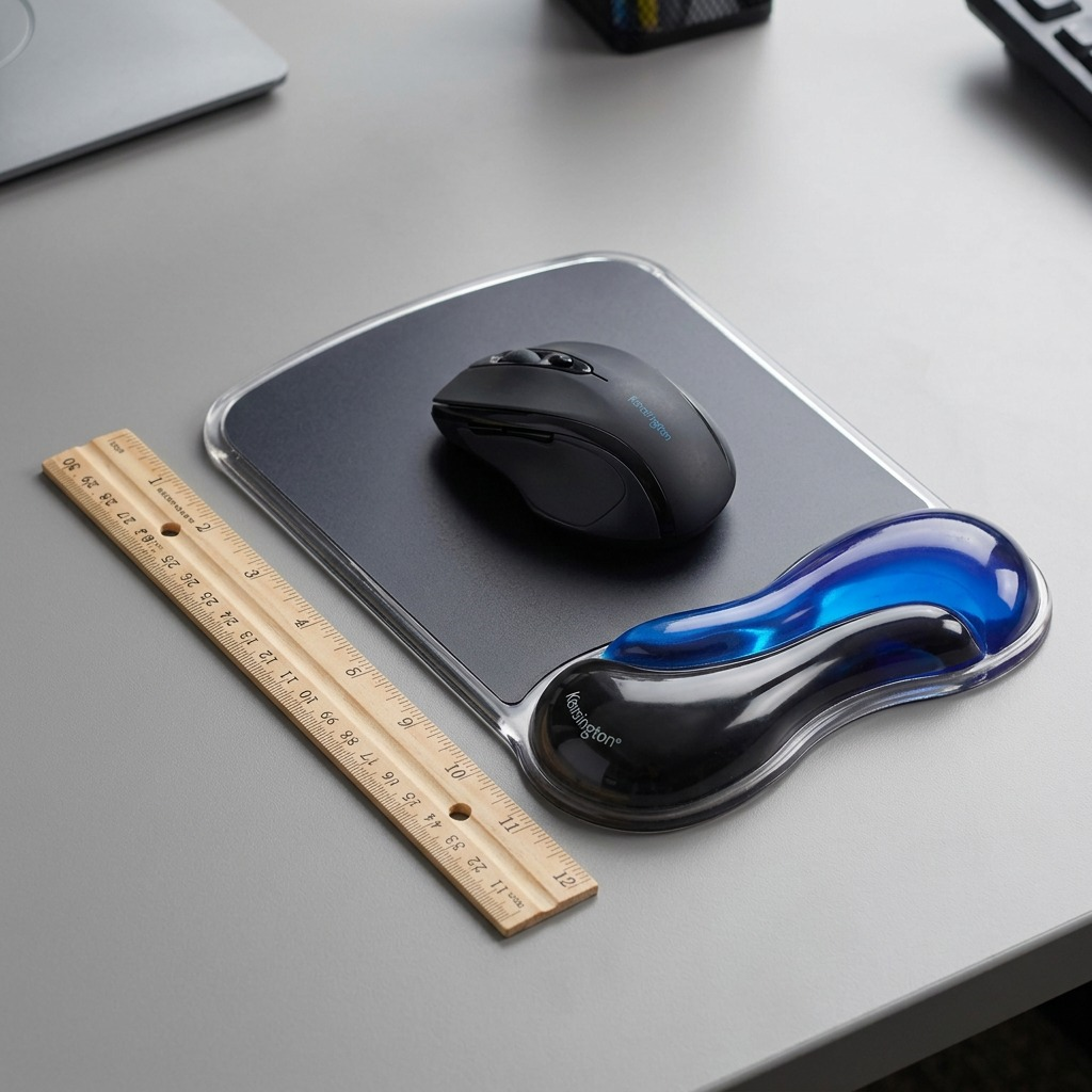 Kensington Duo Gel Mouse Pad with blue wrist rest shown next to a ruler and mouse for size scale.
