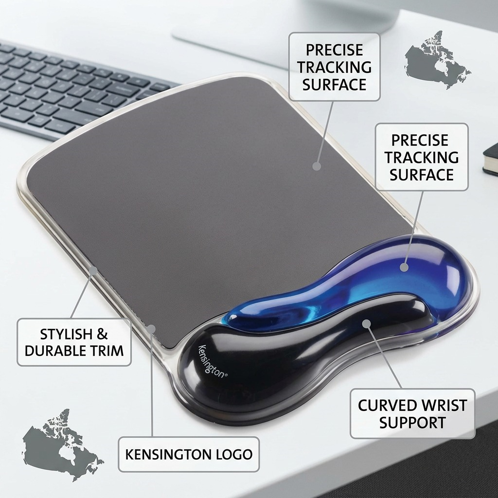 Kensington Duo Gel Mouse Pad with feature callouts for tracking surface and curved wrist support.