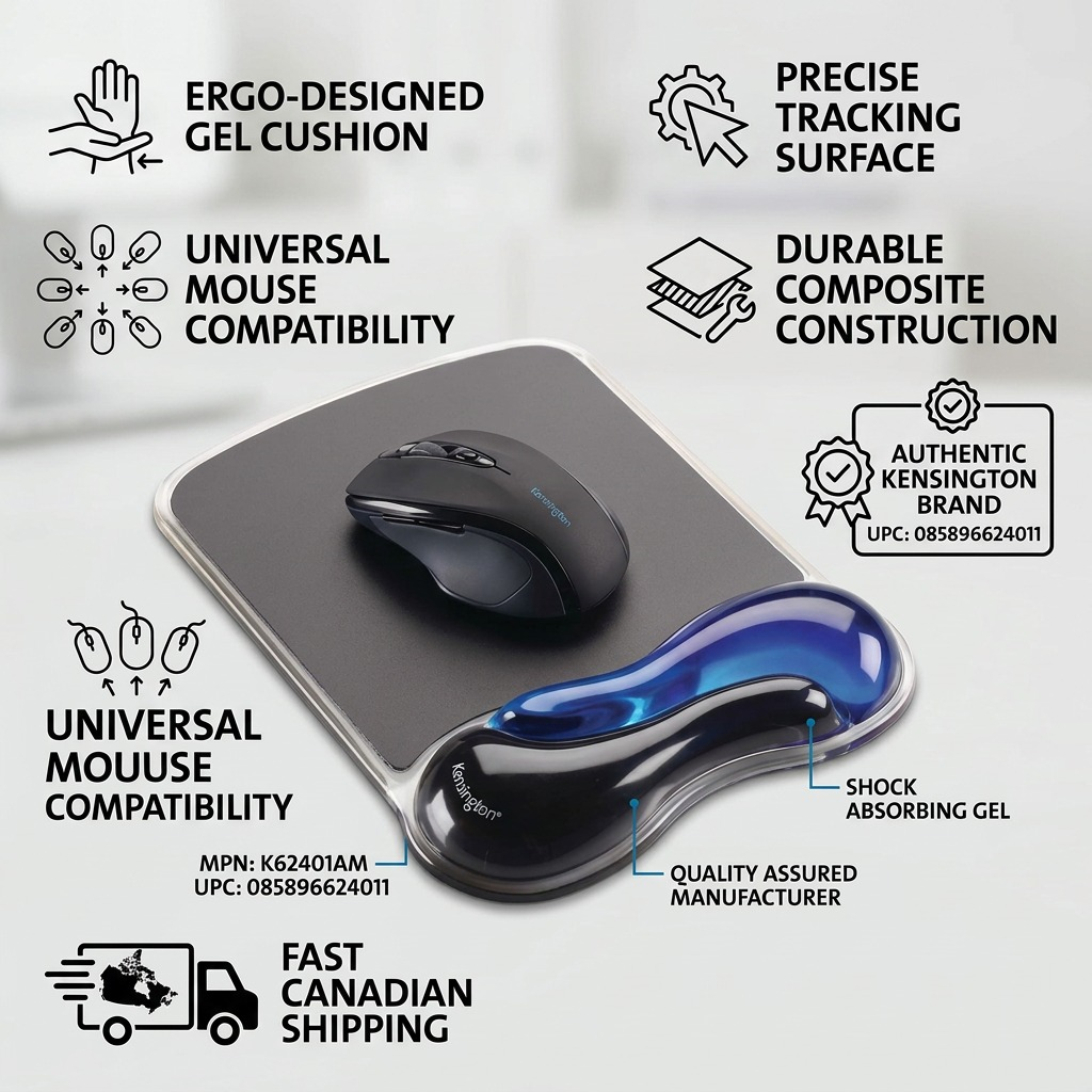 Kensington Duo Gel Mouse Pad infographic highlighting ergonomic cushion, tracking, and fast Canadian shipping.