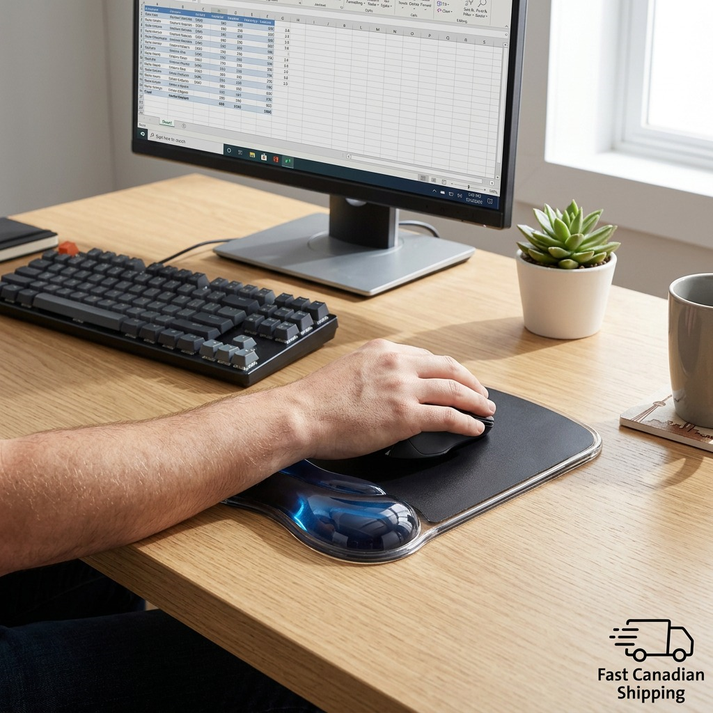 Person using the Kensington Duo Gel Mouse Pad with blue wrist rest in a clean office setting.