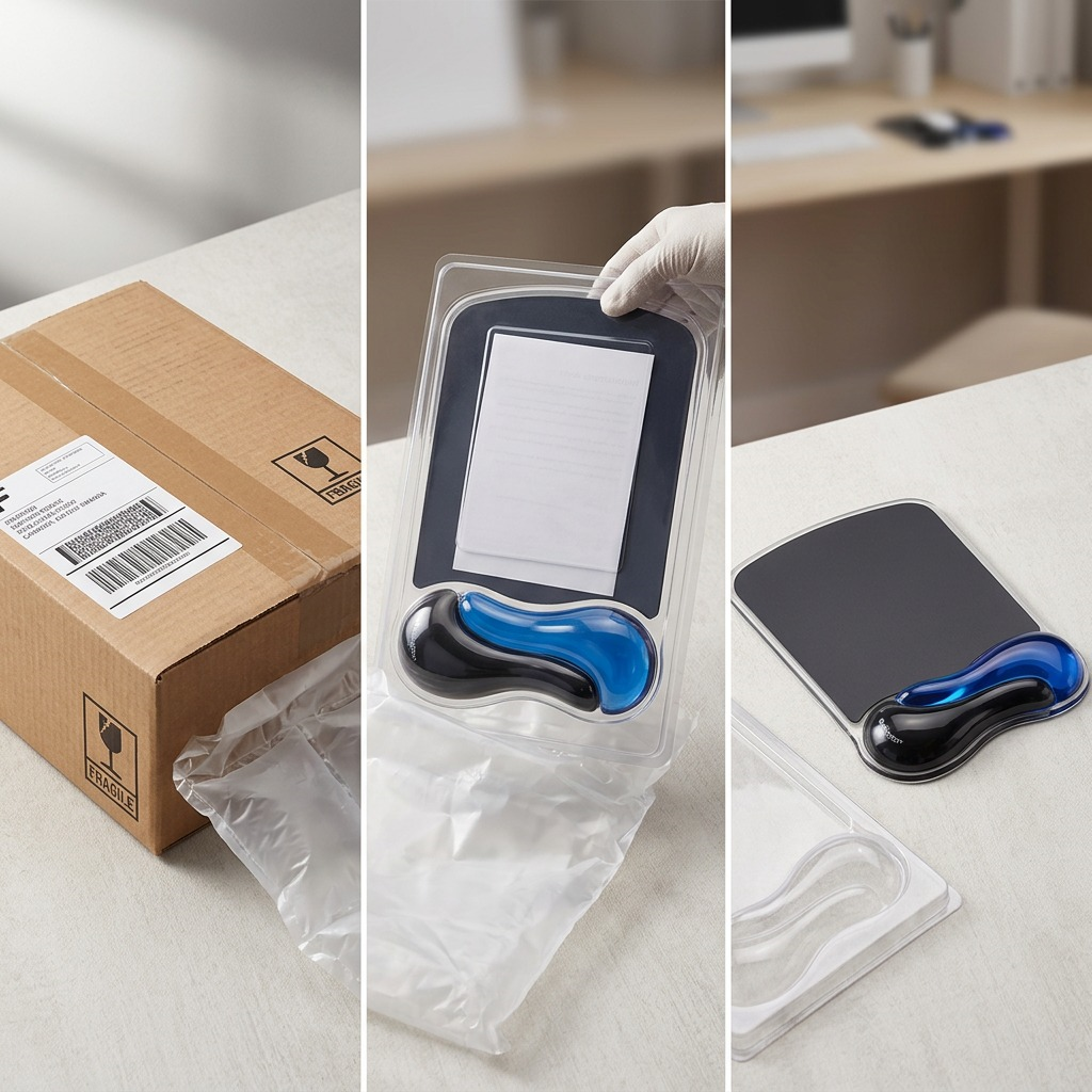 Unboxing a Kensington Duo Gel Mouse Pad with secure cardboard shipping and blister packaging.