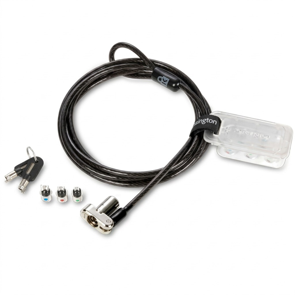 Kensington 3-in-1 universal keyed laptop lock with three interchangeable tips and master keys.