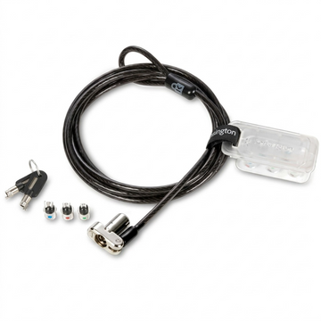 Kensington 3-in-1 universal keyed laptop lock with three interchangeable tips and master keys.