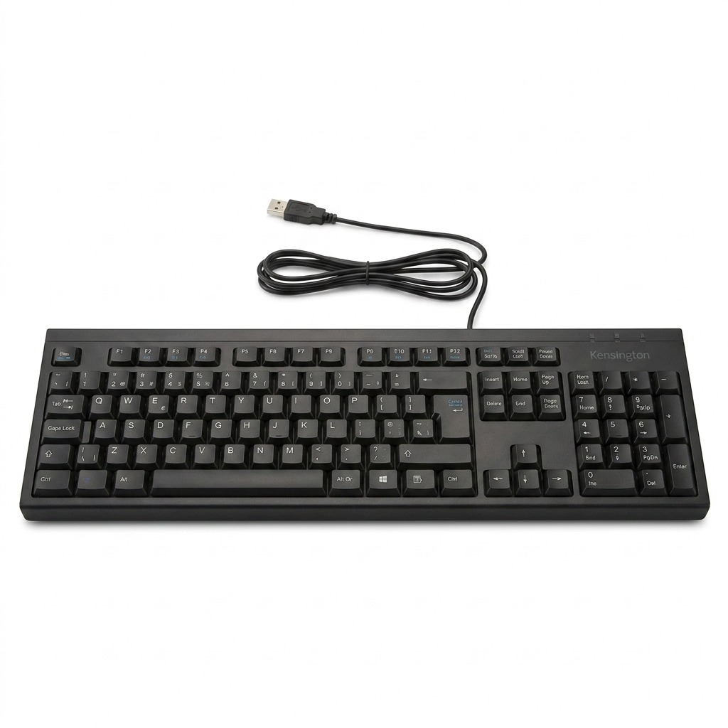 Kensington K72200CA wired bilingual French-Canadian keyboard in black with USB cable on white.